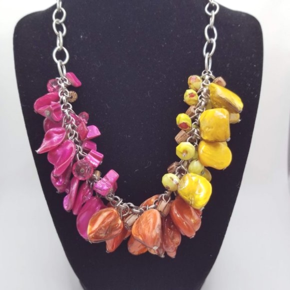 Glass Bead and Dyed Shell Vibrant Color Statement Necklace